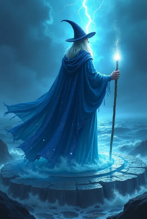 Sea wizard dolphin, wearing a starry blue cape, holding a glowing staff, magician hat, standing on a mystical ocean platform