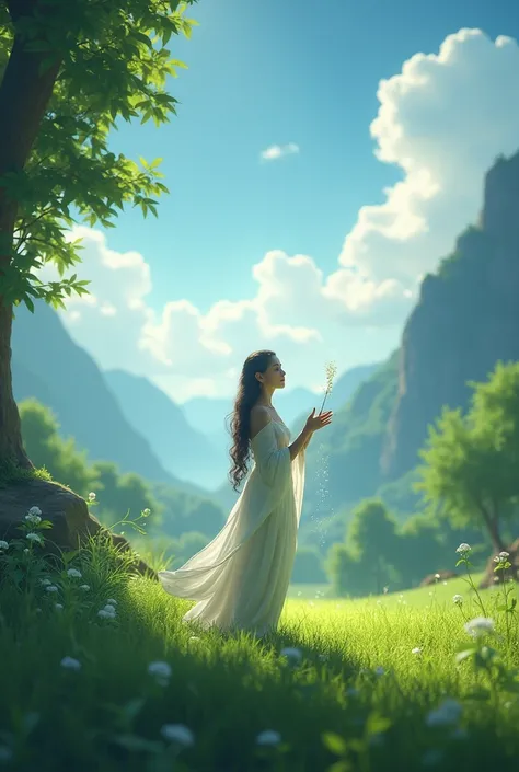 
A mystical scene where a person is standing in a peaceful meadow. They are holding a single blade of grass gently in their hand while chanting a magical mantra. The atmosphere is serene, with soft sunlight filtering through the trees, casting a gentle glo...