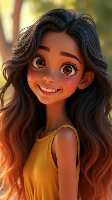 young girl, long hair, wavy hair, going from black to brown, white skin, face and hexagonal, lips with smile, brown eyes, Latin aspects, I want to use Disney Pixar features