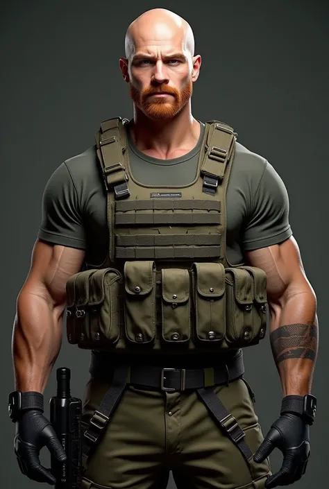 (photorealism:1.2), ((full body)) young attractive bald man, very handsome, european, muscular fit body, white skin, dark red short full goatee, grey eyes, tactical vest, survivor outfit