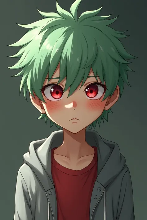 Draw a boy with a small light green mane, with red irises and red shadow on the eyelids.
With a grey sweatshirt and a red shirt.
You must have a face that shows slight boredom.