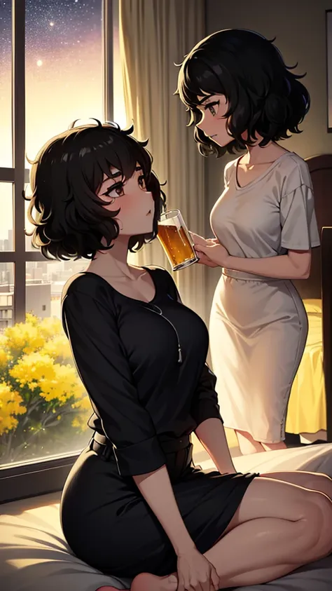 Sadayo Kawakami、Sadayo Kawakami sitting on a bed、（（holding a beer glass in hand））、Beautiful night view outside the window、ennui、Plain yellow long sleeve T-shirt