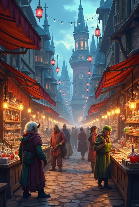 A lively market with stalls of merchants selling magical goods, such as colored potions and enchanted objects. Characters of different species, como trolls, elves and humans, interact amicably. The lighting is soft and colorful, with hanging lanterns that ...