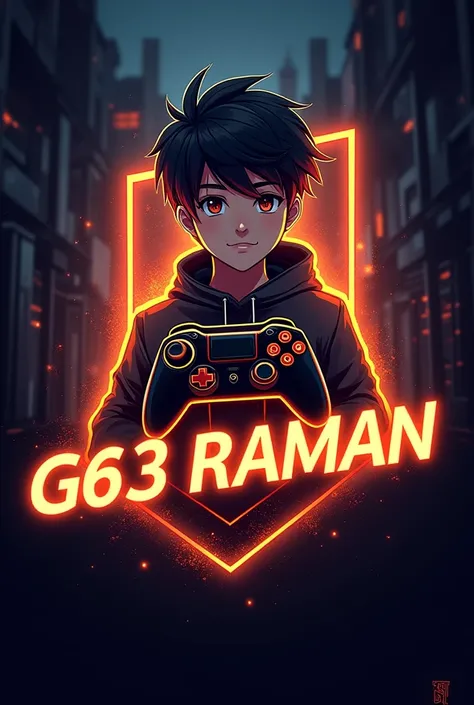 This is a gaming logo that features the name "G63 RAMAN" in a futuristic font and a neon Golden colour. and Boy Anime avtar, The logo also has a stylized controller icon. The logo designed to be attractive and eye-catching, and to appeal to gaming enthusia...