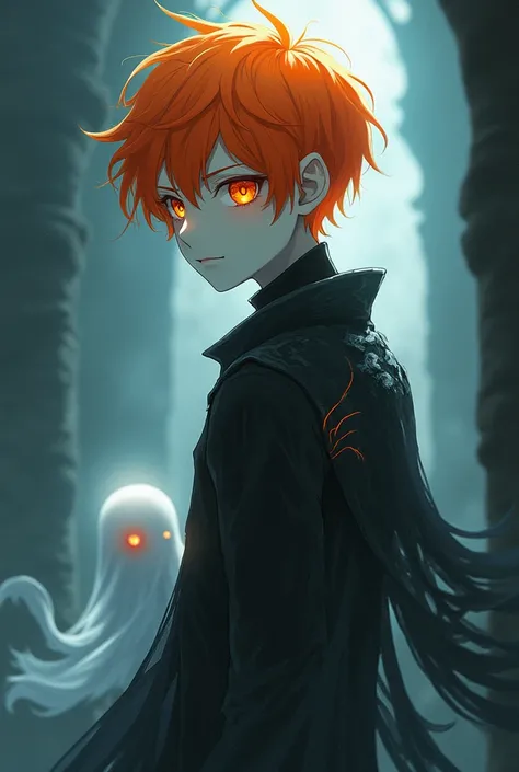 Ghostly demon anime boy with orange hair with a little ghost friend