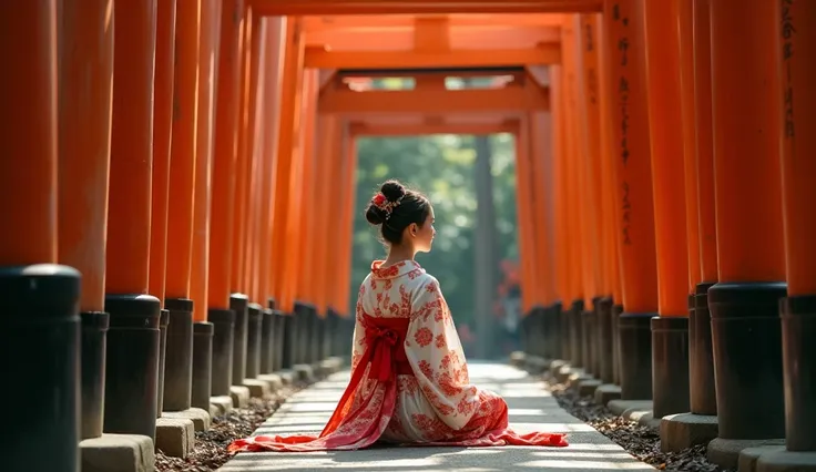 A young Japanese woman, wearing a white and red kimono, meditating peacefully at Fushimi Inari Shrine in Kyoto, surrounded by thousands of red torii gates and tall trees.