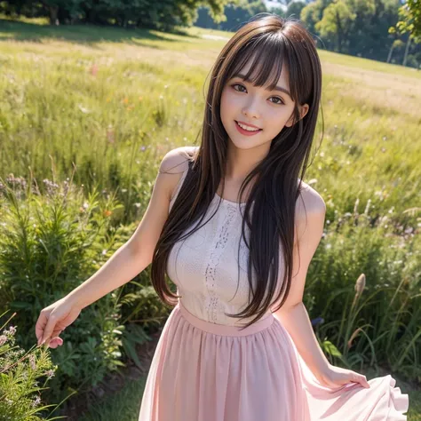 laughing out loud，knee shot, The background is grassland，1 female, light brown hair, blunt bangs, hair behind ears, Shoulder length hair, long hair, Slender body type, 超face slimming型, face slimming, delicate lips, Beautiful eyes, Thin blush, Eyes are ligh...