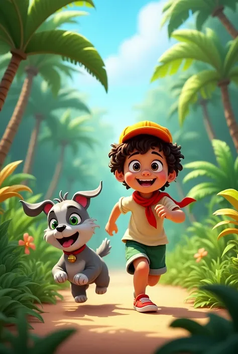 A cheerful young boy, Jadoo, and his small, energetic dog, Toto, playfully running through a vibrant, lush green jungle filled with tall trees and colorful plants. The sky is clear, but theres an air of adventure as they explore, both filled with excitemen...