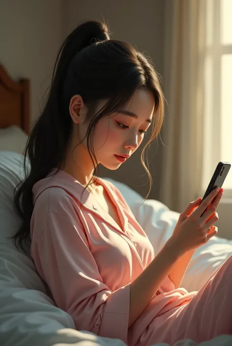 A tall, thin 1 with tied hair lying on the bed using her cell phone in pajamas with slightly large eyes, a slightly wide nose, a small mouth and thin eyebrows. 