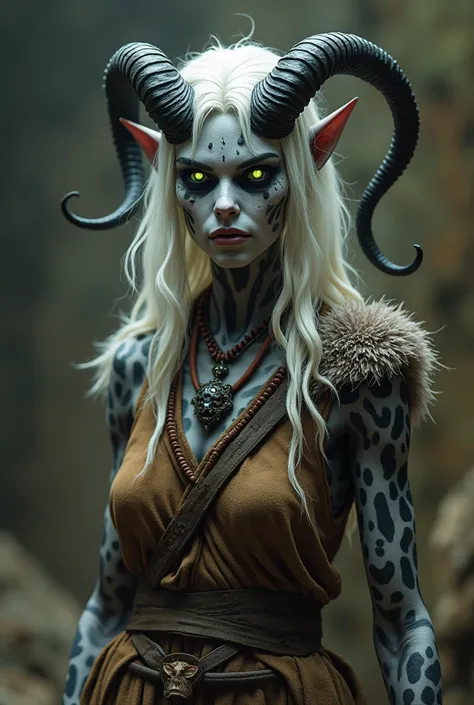 Spotted skinned demon, white hair, white iris, black and white skin, simple fur robe, primitive clothing, brown clothing, tunic, demonized female, realistic textures, elf ears, glowing green eyes, horns, full body, horrifying, feral