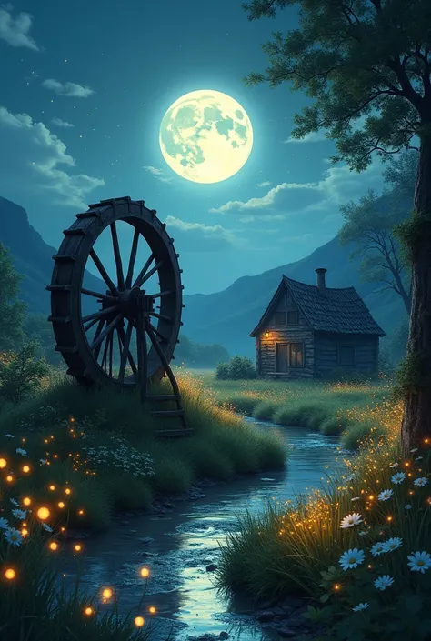 Fantastic landscape　countryside　Waterwheel　Old House　moonlight　There are lots of fireflies flying　