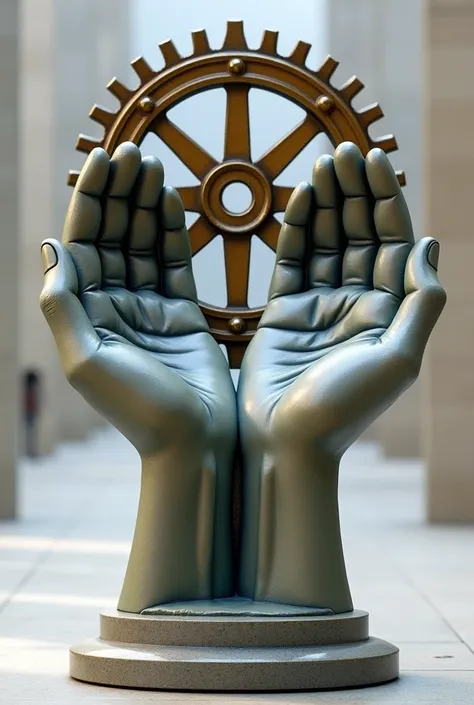 A sculpture of two open hands symbolizing peace, with the Rotary Club wheel 