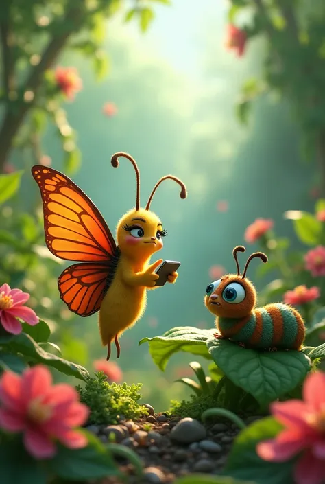 An animated vain butterfly using her cell phone and socializing in a garden while on a leaf there is an elegant caterpillar wearing makeup judging her