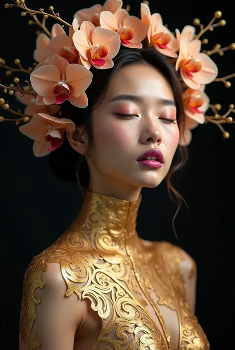 This image is a stunning fusion of natural beauty and artistic artifice. The central figure is a young woman with Asian features, whose serene and delicate face contrasts with the opulence of her ornamentation.
The peach-colored orchids that frame her face...