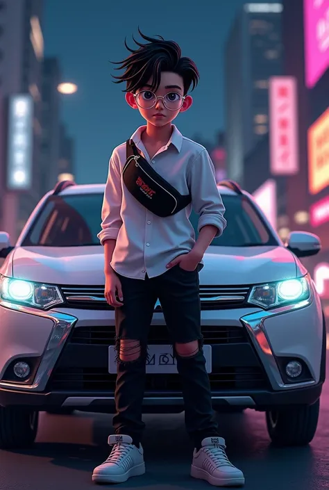 Generate a boy with somewhat black hair and combed to one side and transparent Rayban-type glasses with a white shirt and torn black pants and a fanny pack and behind him a 2013 Mitsubishi Outlander Sport brand car and in the background a city at night and...