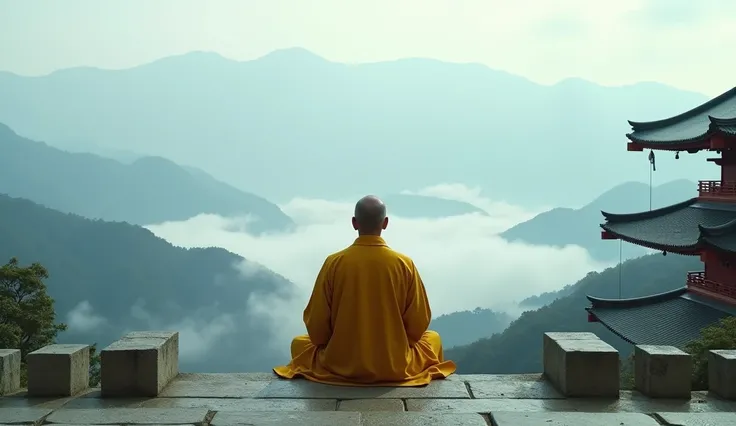 A middle-aged Japanese monk, dressed in traditional yellow robes, meditating at the top of the steps of Enryaku-ji Temple on Mount Hiei, with a vast view of the mist-covered mountains in the background.