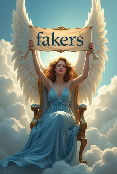 create a banner with "FAKERS" on it holding by an angel sitting on a fancy chair facing in front, wearing blue dress. Has name "KYLA" on her banner. put some clouds as design.