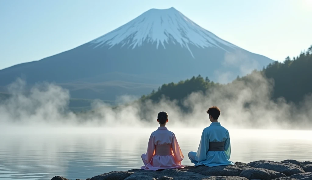 A young Japanese couple, dressed in light yukatas, meditating by the Owakudani hot springs, em Hakone, with steam rising from the volcanic waters in the background and Mount Fuji in the distance.