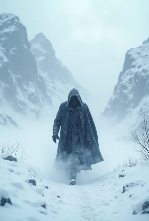 Mysterious man walks in snow storm UHD high details 