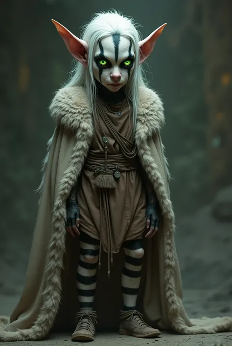 Striped skinned demon, white hair, green iris, black and white skin, simple fur robe, primitive clothing, brown clothing, tunic, demonized female, realistic textures, elf ears, glowing green eyes, full body, horrifying, feral, forehead ridges, elongated cr...