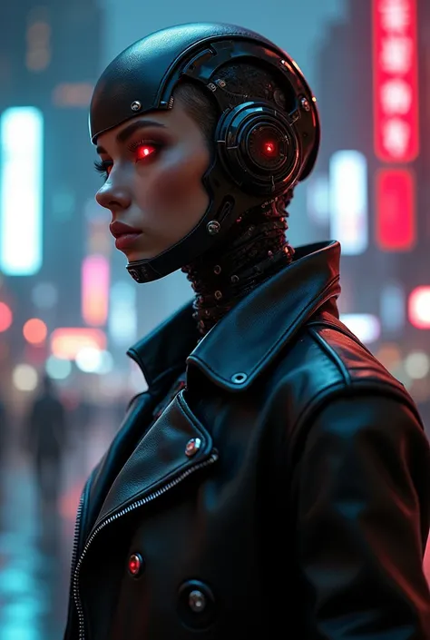 "Futuristic portrait in realistic style, with an android in a black leather suit (High Priority), cityscape in the background (details in neon), dramatic lighting from the right + metallic reflections. serene expression, with glowing eyes and cybernetic de...