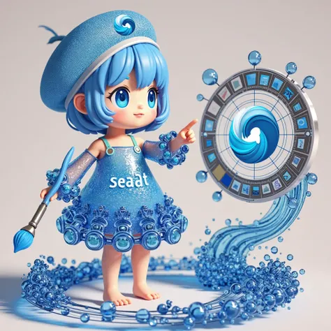 cute，A semi-mechanical biochemical blue sea elf，Wearing clothes made from seawater，Wearing a digitally machined blue sea water wreath on her head，Barefoot，Holding a mechanical paintbrush in the left hand，Right hand pointing forward，On the right hand, there...