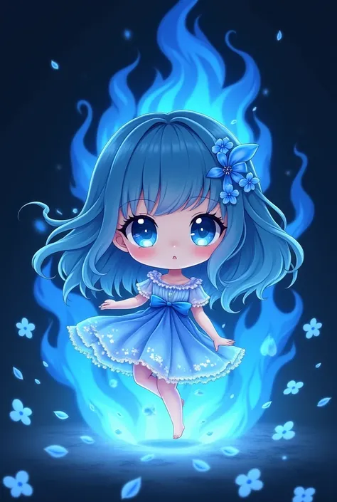 cute anime kawaii chibi girl with blue eyes blue hair covered in Blue flames black background in Blue blossom dress