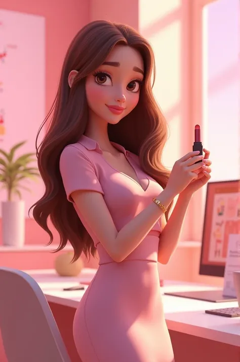 Animation, design, detail-oriented, 1 woman who looks like Addison Rae, with a light pink formal outfit, With a lipstick in her hand, in an office, com background em degradê rosa