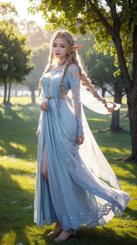 Graceful elven girl standing in meadow, Delicate face illuminated by the soft light of the setting sun. Her long, Flowing hair runs down your back, Decorated with intricate braids、Adorned with sparkling gemstones. This great photo is、、、It captures the ethe...