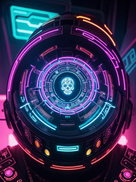 A futuristic helmet resembling a cyberpunk-inspired sugar skull, adorned with neon lights, metallic accents, and intricate circuitry patterns, as if a fusion of ancient Aztec art and high-tech machinery.