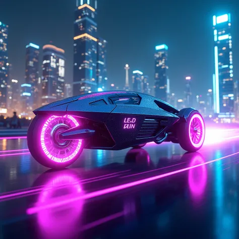 "Create a hoverbike zooming through a neon-lit futuristic cityscape at night, with glowing purple trails behind it. Capture the bike from a low angle to highlight its sharp, angular body and LED-lit rims. Use holographic typography embedded into the chassi...