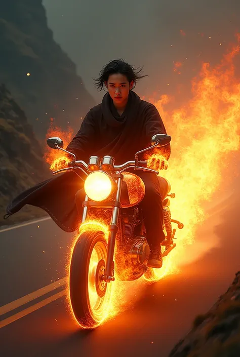 a cute  Korean , wearing a black robe, with flames all over his body, riding a small mini motorcycle, whose body is also covered in flames, emitting bright firelight. The motorcycle is speeding along the dark road, and the flames draw a dazzling light trai...