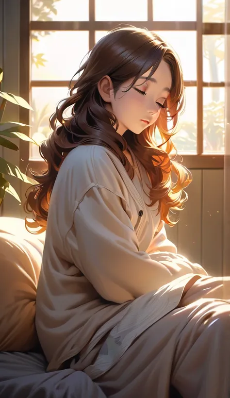 Japanese Anime style, beautiful woman, sleeping on bed peacefully, wearing top, pajama pants, long curly hair, indoors, soft lighting, plants in background, window with sunlight, cozy room, relaxed pose, realistic, intricate details, warm colors