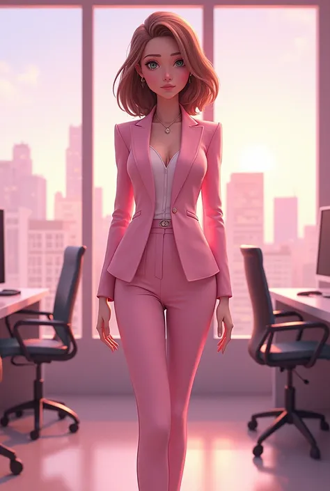 Animation, design, detail-oriented, 1 woman who looks like Addison Rae, with a light pink formal outfit, in an office overlooking the city, com background em degradê rosa