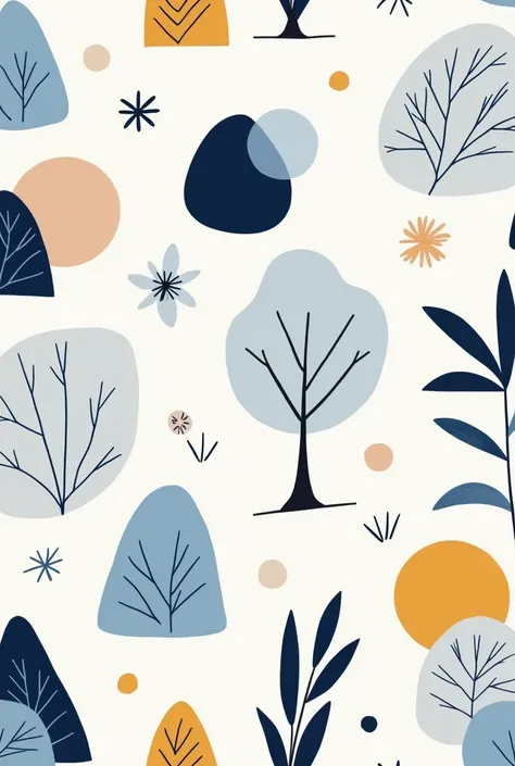 A minimalist boho abstract design on a neutral background features dark blue geometric shapes, light blue accents, yellow and orange touches, and abstract figures with elevated layers. The pattern includes stylized Araucaria trees outlined in fine black li...