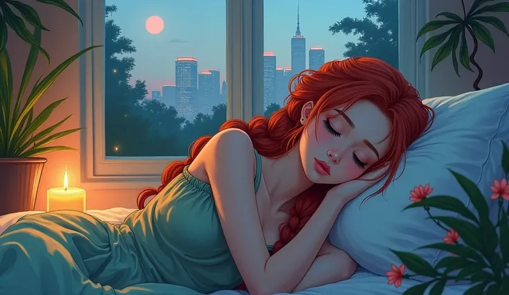 An anime drawing of a beautiful, stunning and sexy woman with reddish braided hair. colorful lighting, beautifully detailed eyes, closed eyes, long eyelashes, beautifully detailed lips, brown hair, sleeping girl, closed voice. dreamy atmosphere, soft pillo...