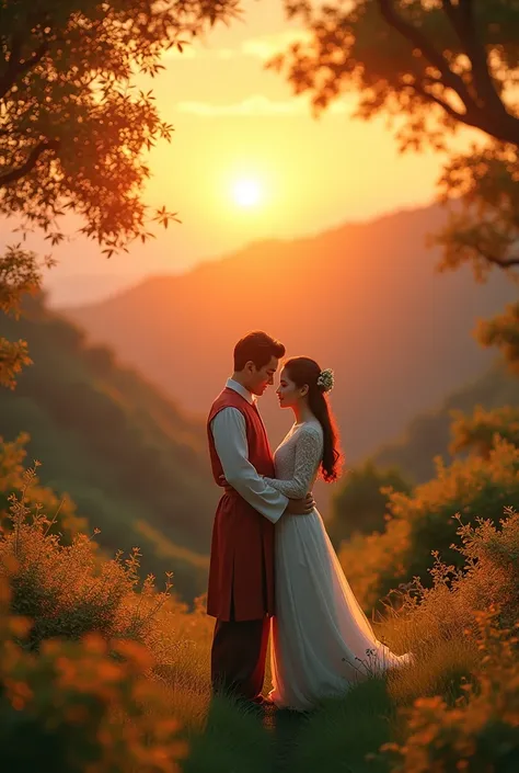 A couple in nature and looking sun set in tredition dress
