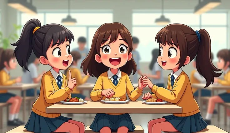 cartoon illustration , Three girl students having their lunch in the school canteen and talking to each other. They are wearing proper school uniform , by cartoonist Ziraldo.