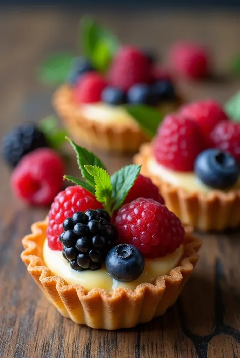 Berry Tartlets**
   - Mini fruit tarts filled with a creamy custard and topped with fresh forest berries like blackberries, blueberries, and raspberries, resembling a woodland bounty.