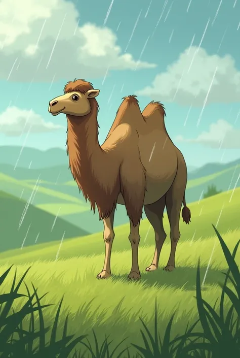 Ghibli style　Camel　rain　Grassland