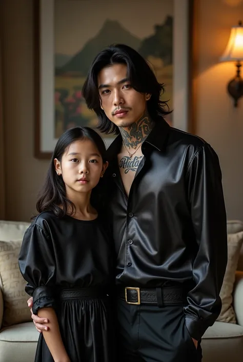 2 Korean man with his 1 daughter, both facing forward and in a part of their house in the living room , the man has long hair please And both of them are facing the camera and the man has letter tattoos on his neck and arms and the man looks like something...