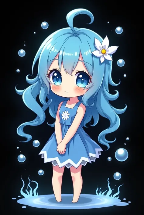 cute anime kawaii chibi girl with blue eyes blue tentacles as hair with hands behind back black background and bubbles