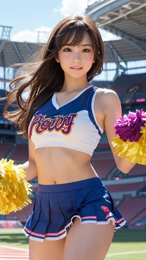 masterpiece,Best Quality,Very detailed,High resolution,(Realistic, photoRealistic:1.37),Excellent anatomy,Beautiful woman,1,height:152cm,Cheerleader,(Holding large colorful pom-poms in both hands:1.4),A small smile,Cheerleading,スポーティーなCheerleader uniform,(...