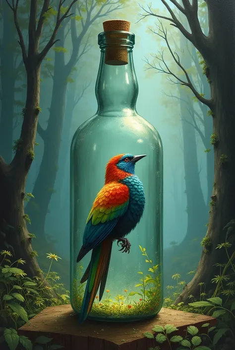 book cover page on a bird who is exploring the forest then she see a bottle go towards the bottle she stuck in the bottle she struggled and struggled but she never lost hope and trying at least she escape the bottle and give us a massage og hoe and resilie...