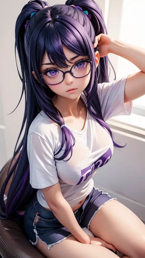 a girl, big breasts,hair colors(blue, purple, black), (very detailed eyes), (very detailed face), wearing a white t-shirt without underwear, nipple marks, sitting, glasses, short pants, looking up, expression expecting something,