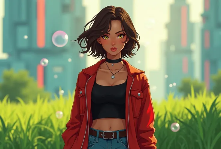 (best quality,4k,highres),ultra-detailed,realistic,portraits, mixed race Nicaraguan-Navajo woman, 24yo, short wavy hair, brown hair, (yellow colored irises:1.02), (tan-bronze skin:1.3), anime style,futuristic, Frutiger Aero aesthetic, eco- modernism, bokeh...