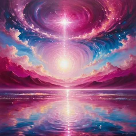 A deep pink light in the great universe. energy, conscious, soul, Inside the galaxy, sparkles, crown chakra, impressionist touch, western painting, oil painting, mysterious symbols, ripples of light, impressionism, classicism. ripples of light. The glow sp...