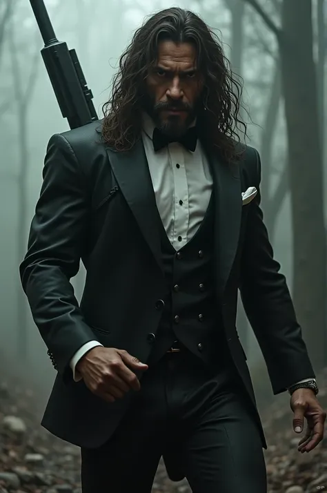 Tarzan in tuxedo with a dark side and a sniper on his back looking for war