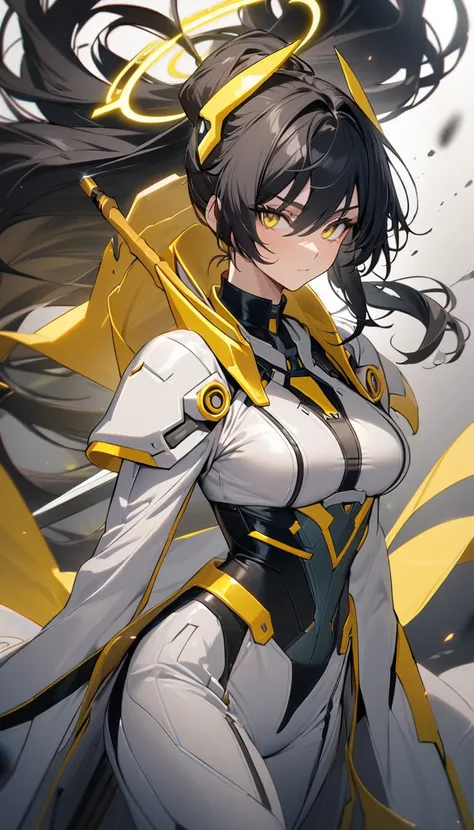  1 Beautiful woman, long flowing black hair, black hair, yellow eyes yellow Halo, handsome, high quality, sword, Gray scapula, 30 years old, futuristic clothes, white coat, yellow sword