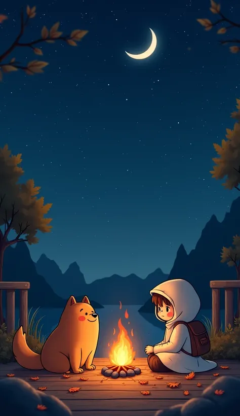 “A serene night sky filled with stars and a crescent moon, two characters sitting around a cozy campfire. One character is a round, orange dog with a relaxed expression, while the other is a human-like figure with a backpack and a white hood. They are surr...